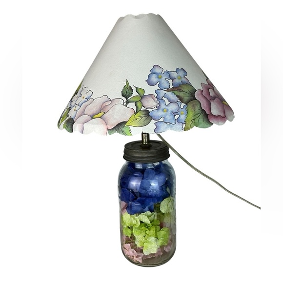 Vintage Mason Jar Lamp Hydrangea Floral Hand Crafted  21” with  Lamp Shade 1999 - Picture 12 of 16